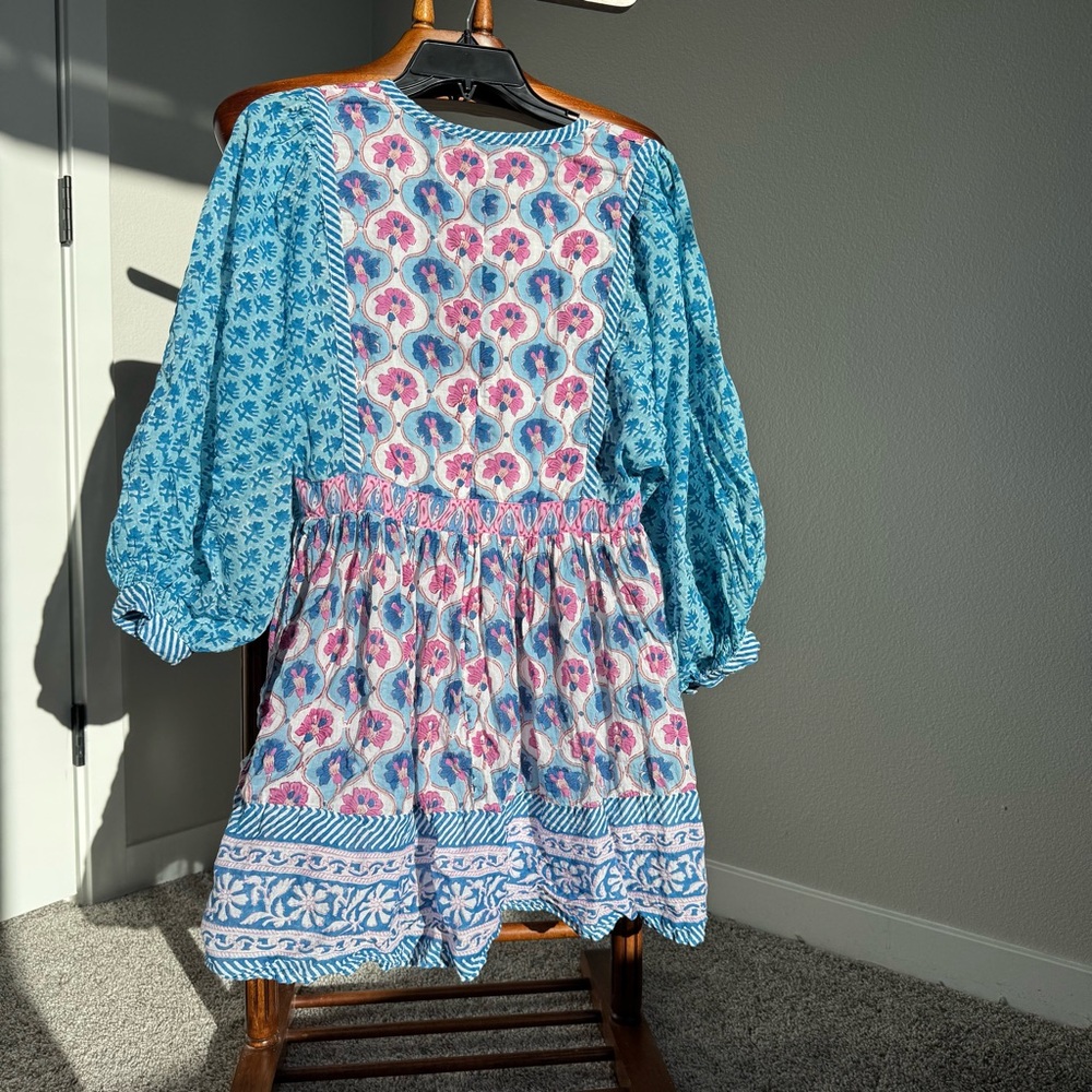 Oliphant India Cotton Ballon Sleeve Boho Mini Dress Size S Blue Pink Floral - Picture 9 of 13